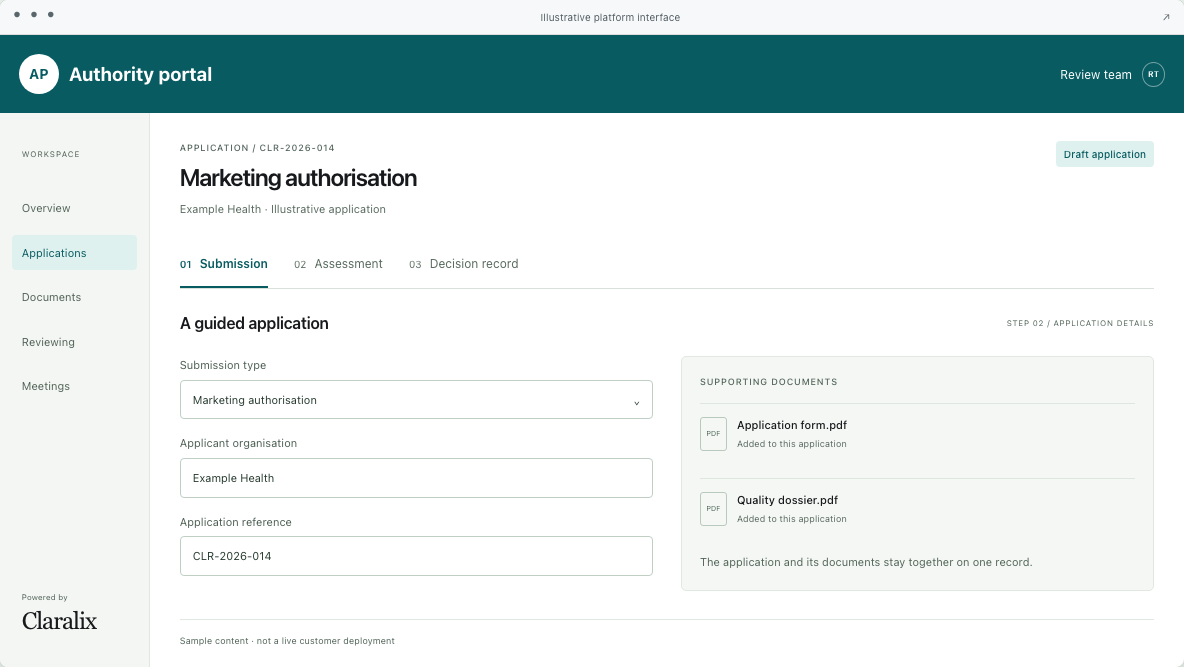 Claralix authority portal showing a guided application